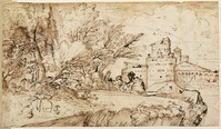 A 045
<br/>
Landschap met mannen en gebouwen; kopschetsen
<br/>
<em>Carracci, Annibale (1560-1609)</em>